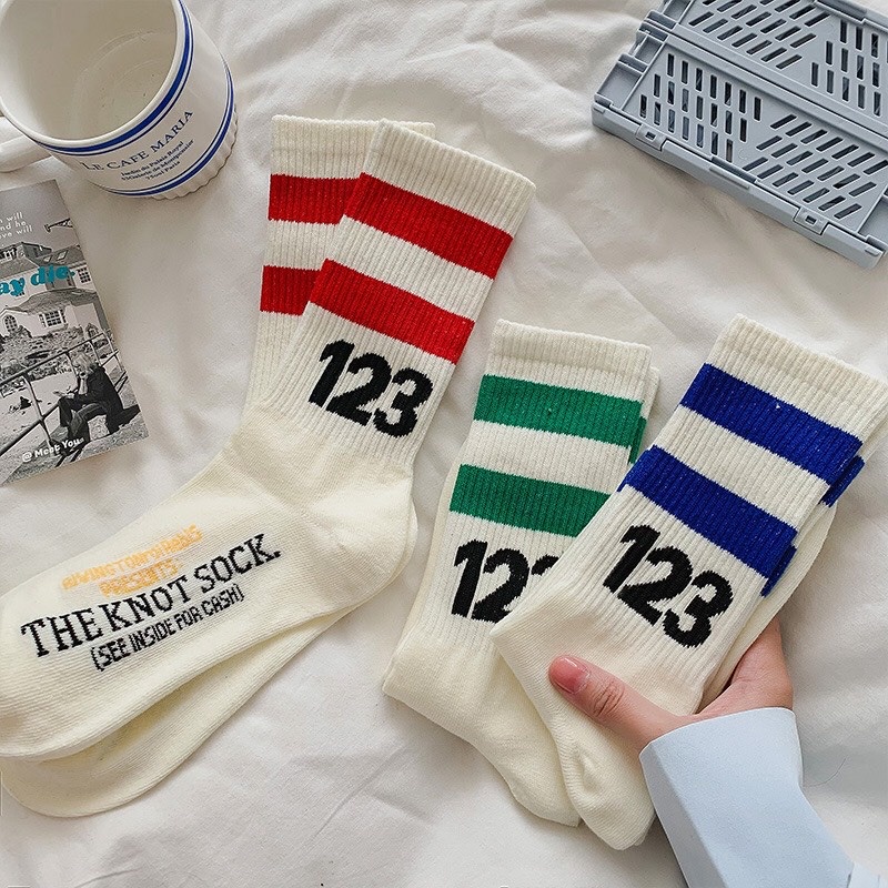 [Ảnh thật/Video] Tất cotton cổ cao sọc ngang in số 123 - 29feb.closet - T04