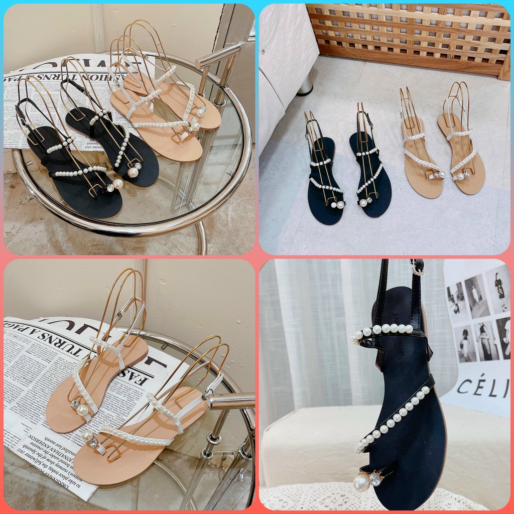 Giày Sandal Nữ Đế Bằng Cài Quai Hậu-Sandal Đi Học Kiểu Sỏ Ngón Đính Ngọc Mẫu Mới Bền Đẹp Đi Biển Đi Chơi  Mã SDNGOC