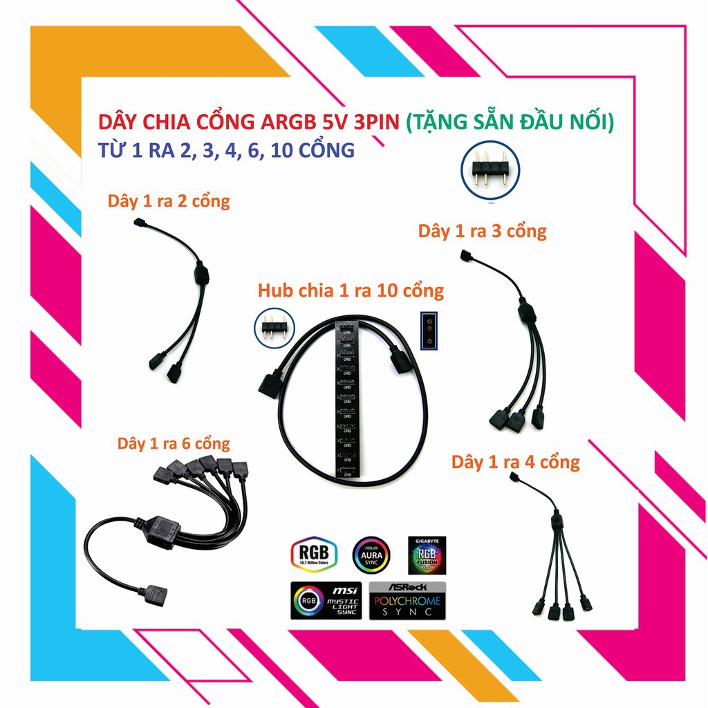 Dây chia cổng LED ARGB 3Pin 5V từ 1 ra 2, 3, 4,5, 6, 10 cổng, chuyển cổng VDG - Addressable RGB Splitter, cáp chia, bền