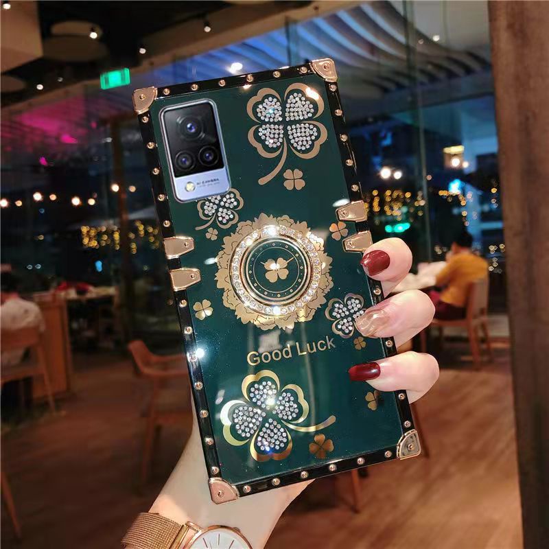Ốp Điện Thoại Hình Vuông Đính Đá Lấp Lánh Kèm Giá Đỡ Nhẫn Cho Vivo Y15s Y21 Y73s Y20 Y30 Y19 Y95 Y11 Y15 Y72 Y51 2020