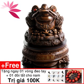 Tượng Cóc Ba Chân (thiềm thừ) ngậm kim tiền, giả gỗ cổ xoay 360 độ Vượng Phúc, Vượng Khí. Tặng vòng + tất nam