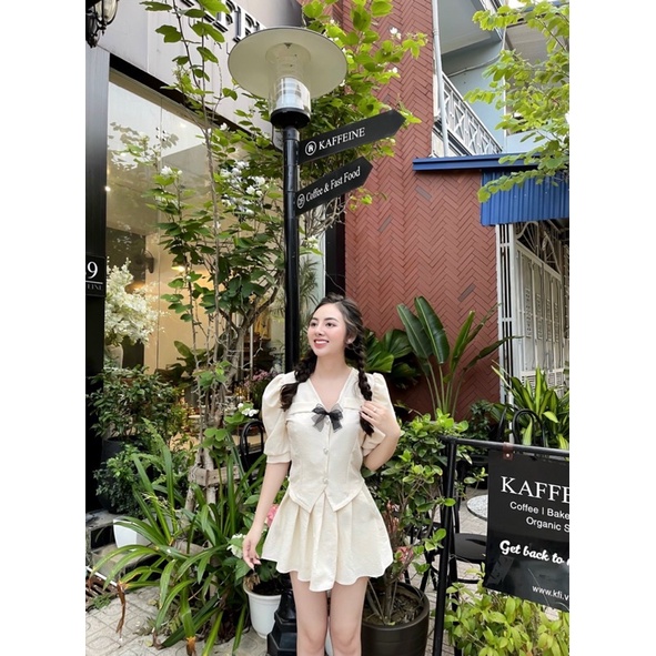 Set bộ áo nơ mix chân váy xoè chất đũi xốp