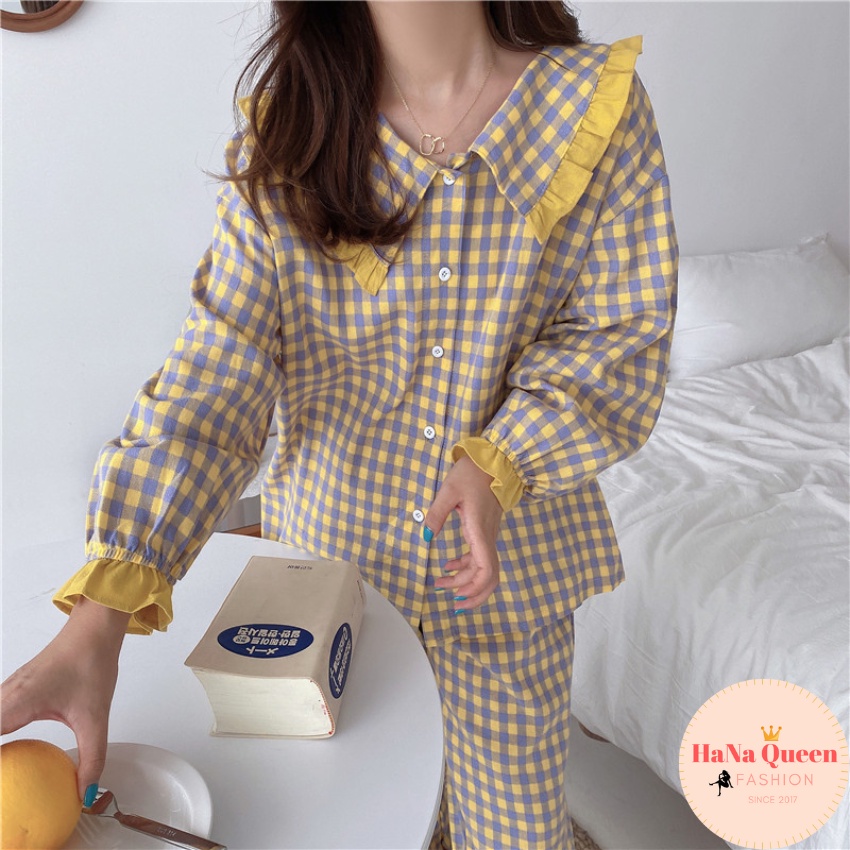 Bộ đồ pijama dài tay quần dài mùa thu cách điệu cực xinh (Hàng có sẵn)