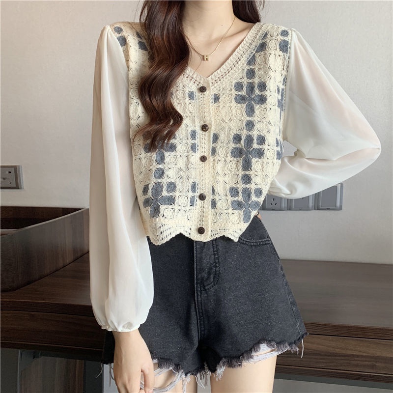 Áo len croptop tay dài Áo Kiểu Ngắn Tay Dài Phối Ren Lỗ Thêu Hoa Thời Trang Mùa Hè 2022 Phong Cách Phương Tây