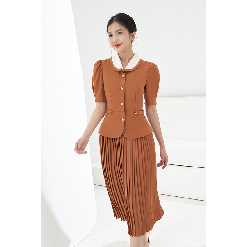 Set sơ mi nữ Lamia Design LUXE015 màu nâu đất phối váy xếp ly thướt tha