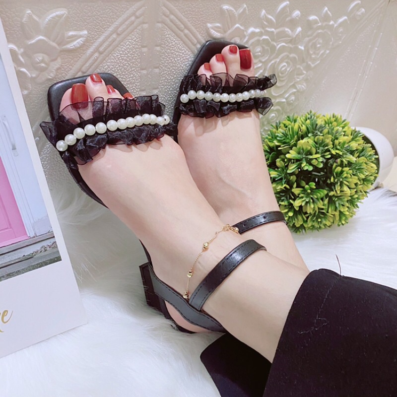 [Bán giá gốc] GIÀY SANDAL NỮ QUAI NGANG REN 1 HÀNG NGỌC GÓT VUÔNG 4p CỰC ĐẸP