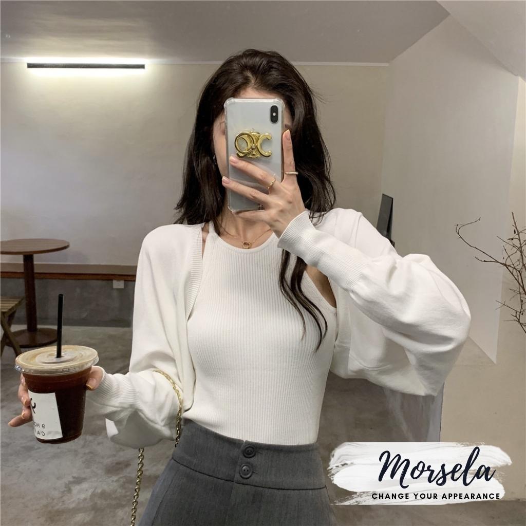 Set áo yếm GEO và áo khoác ngoài cardigan tay dài chất bo gân dày dặn phong cách Hàn Quốc - Morsela - SET01