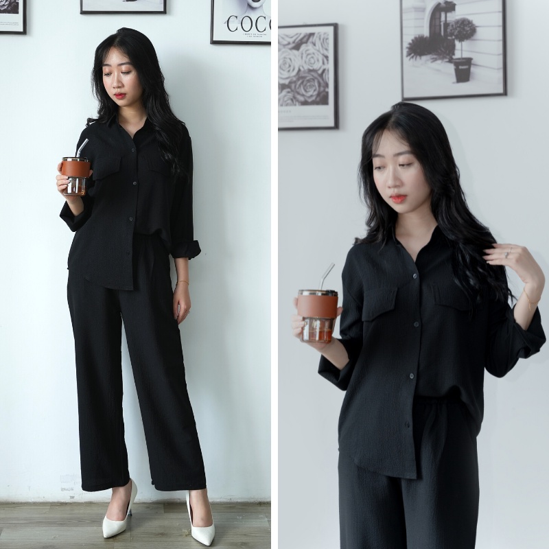 Set bộ đũi sơ mi dài tay quần ống rộng thu đông chất đũi xốp cao cấp sang trọng đi làm đi chơi đều đẹp DB05