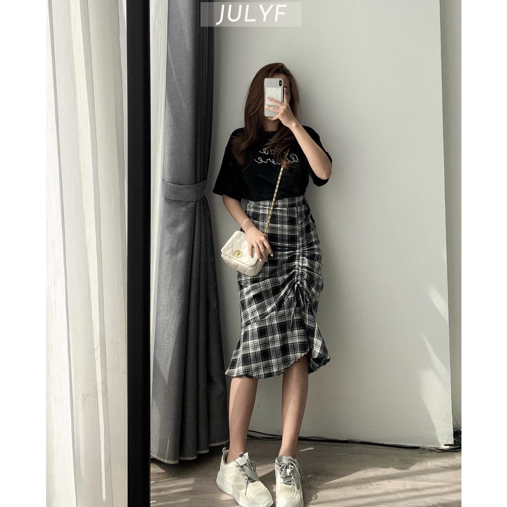 Set chân váy thô kẻ caro dúm kèm áo thun JULYF - Bộ đồ bánh bèo phông form rộng tay lỡ đầm mini đuôi cá dài ulzzang