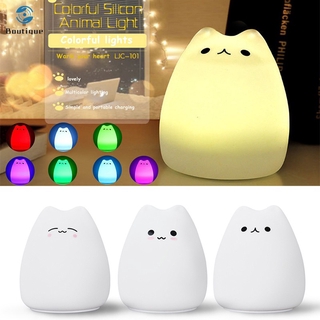 ✿♥▷ Silicone Touches Pat Sensor LED Night Light for Children Baby Kids 7 Colors 2 Modes Cartoon Cat Cute USB LED Night Lamp