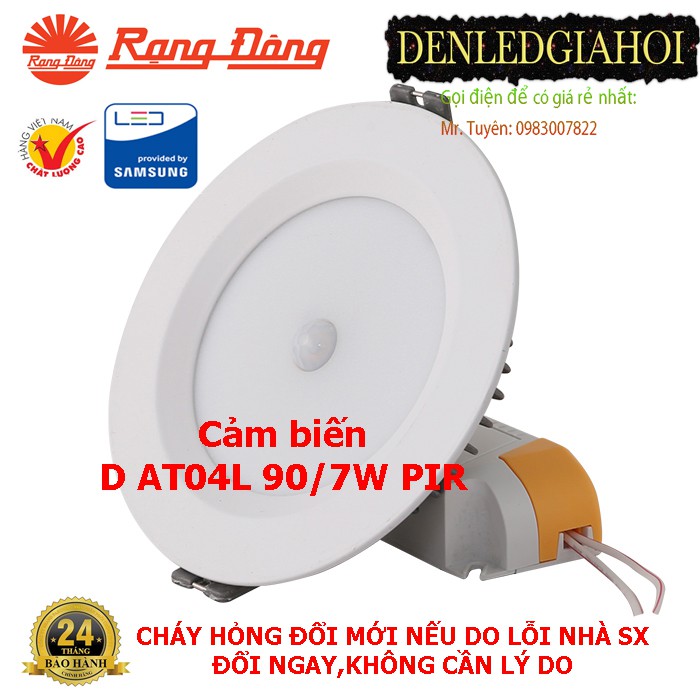 Đèn led âm trần cảm biến 7W Rạng Đông, mã led downlight  D AT04L 90/7W PIR