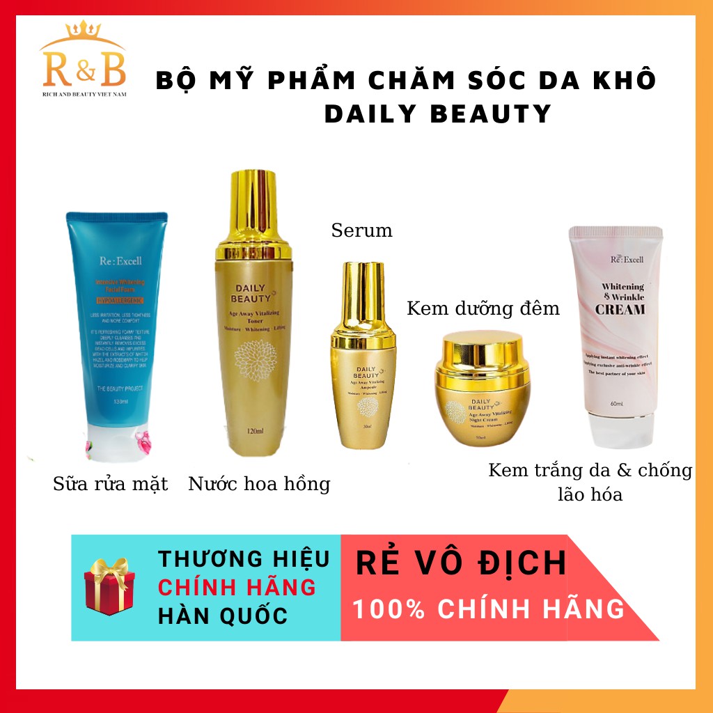 Bộ mỹ phẩm chăm sóc da❤️khô Daily Beauty Re:Excell gồm sữa rửa mặt, toner, serum, kem dưỡng ban đêm, kem dưỡng ban ngày