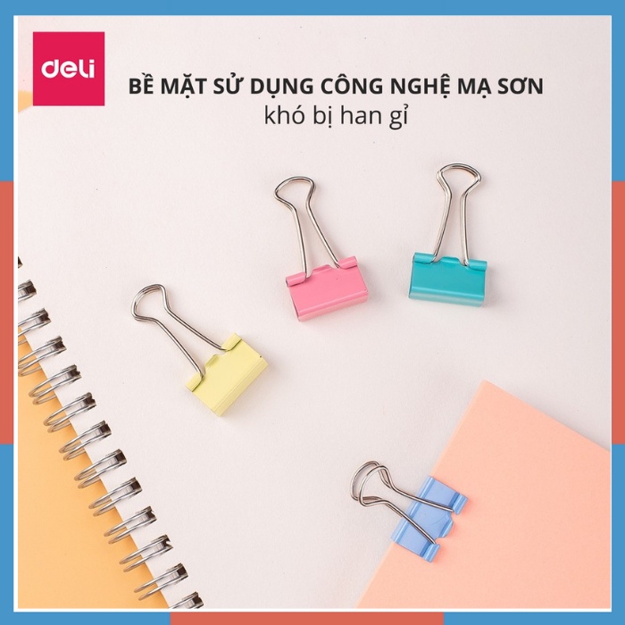 Kẹp bướm màu Deli loại 15mm,19mm, 25mm, 32mm, 41mm, 51mm chắc chắn và thuận tiện