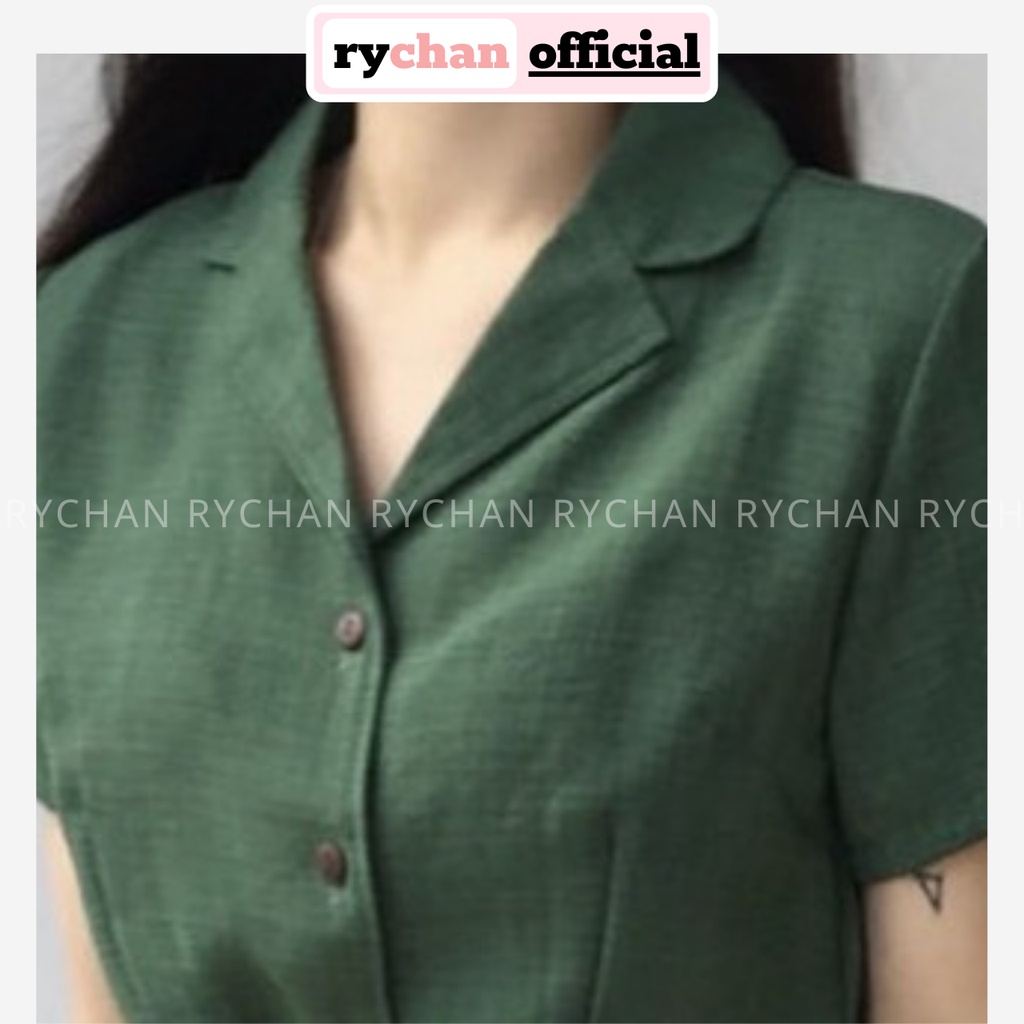 [ẢNH THẬT CUỐI] Đầm Suông Xanh Rêu Sơ Mi Cổ Vest Buộc Eo - DS959