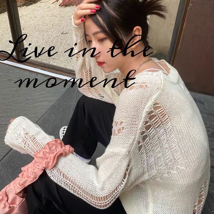 Jiashucheng Áo Sweater Dệt Kim Mỏng Tay Dài Dáng Rộng Rách Lỗ Phong Cách Mới Cho Nữ