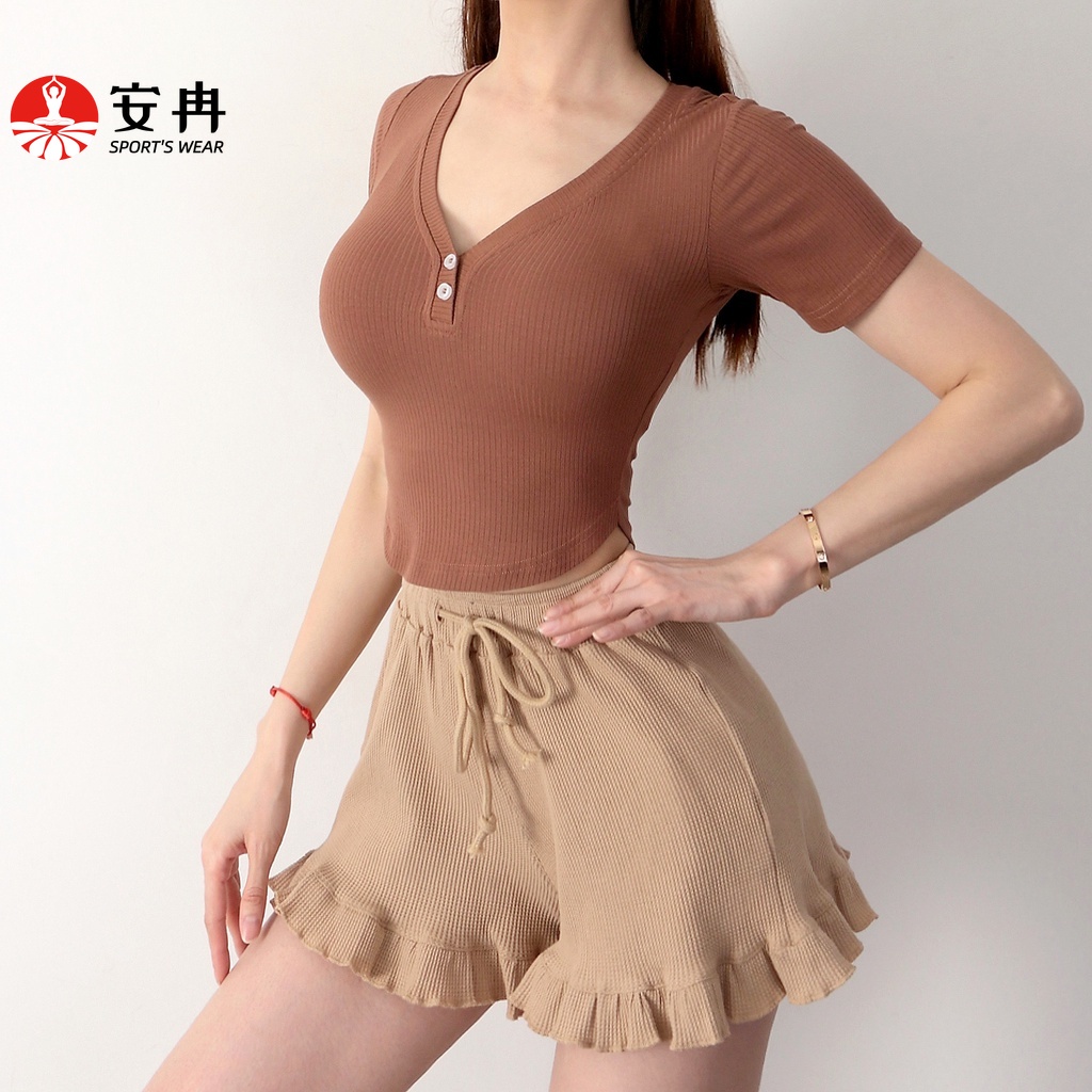 Áo thun thể thao ANRAN ngắn tay cổ chữ V thời trang cho nữ