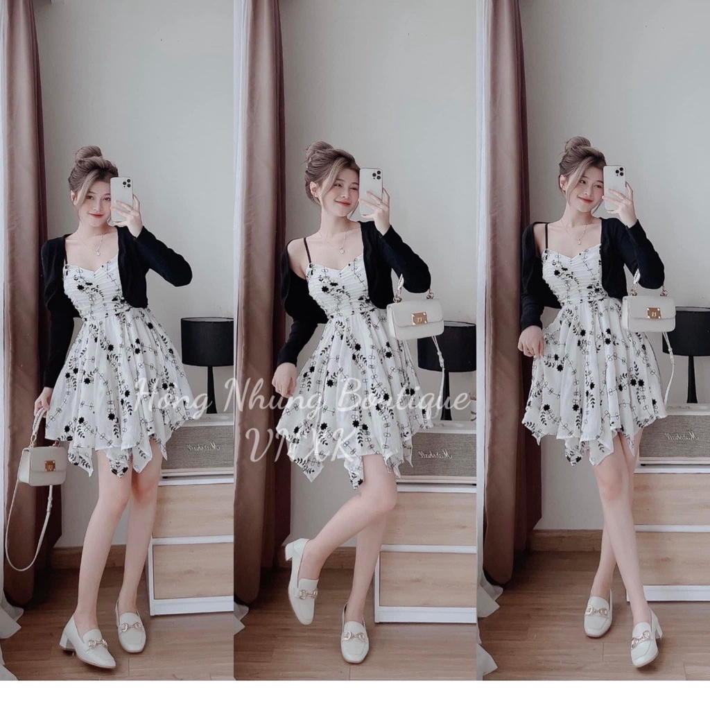 Sét Váy 2 Dây áo CDG đen , đầm 2 dây váy hoa leo 2 lớp ( Thời trang thiết kế đủ size S,M,L,XL)