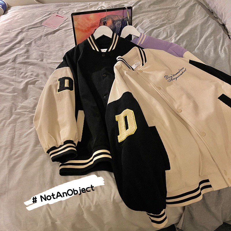 Áo bomber chữ D unisex, sweater form rộng tay bồng kiểu dáng bóng chày cá tính nam nữ Ulzzang