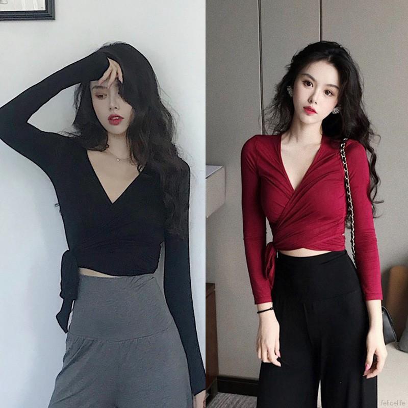 Áo Croptop Tay Dài Cổ Chữ V Màu Trơn Thời Trang Quyến Rũ Cho Nữ