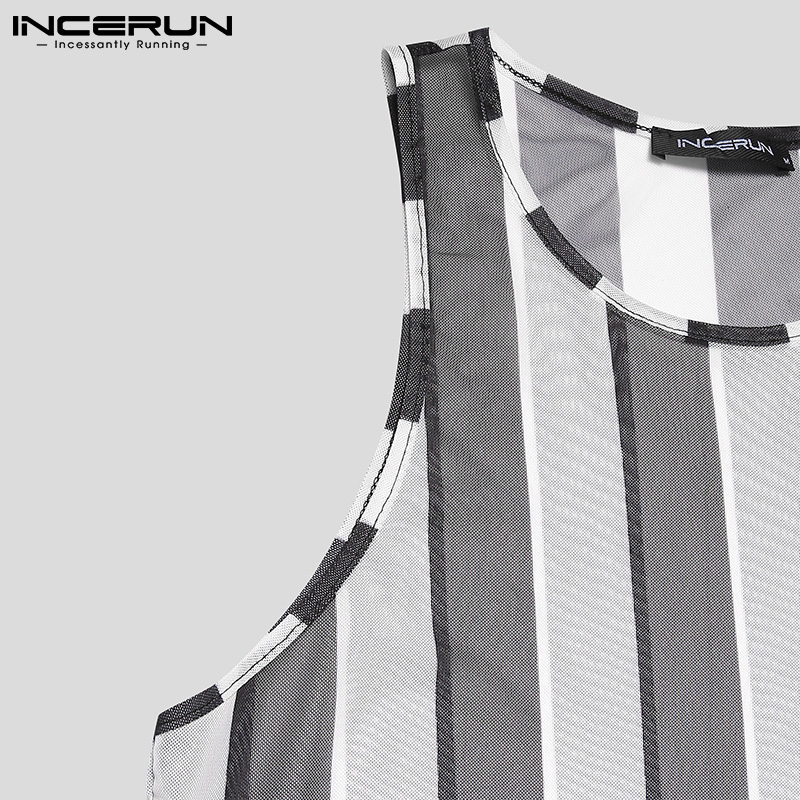INCERUN Men's Fashion Sleeveless Striped Sexy Transparent Shirts Tank Vest