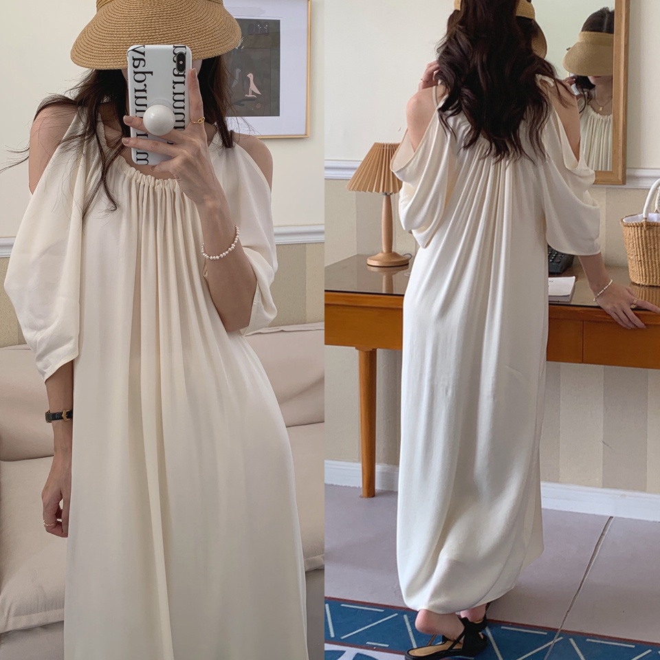 Đầm chic cách điệu dáng suông dài mơ trắng xanh sang trọng style mùa hè Hàn Quốc