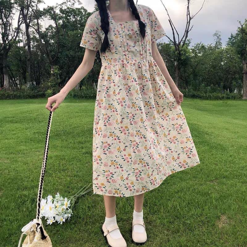 Váy Babydoll Hoa Cổ Vuông, Đầm Chữ A Form Suông Dài Cột Eo , Labibi