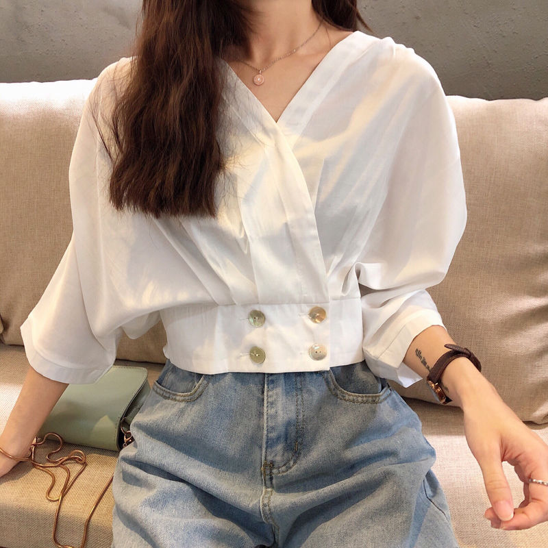 Áo Sơ Mi BH Trắng Cổ Chữ v Thời Trang Dành Cho Nữ