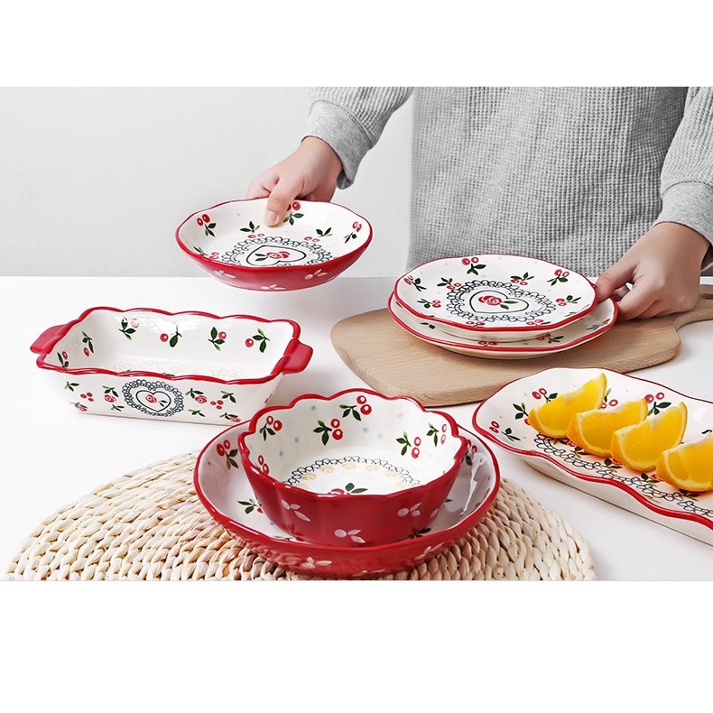 Set bát, đĩa, khay sứ, cốc, chén hoa tiết cherry hàng xuất châu âu cao cấp.