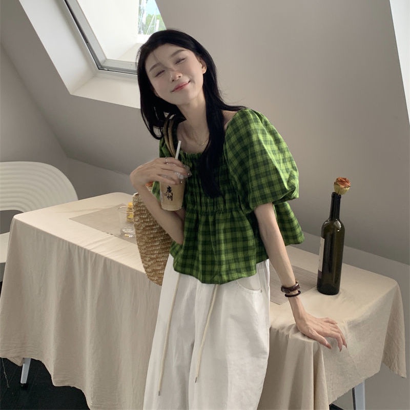 Áo Sơ Mi Tay Ngắn Phồng Họa Tiết Sọc Caro Thời Trang Mùa Hè 2022 Phong Cách Hàn Quốc Cho Nữ