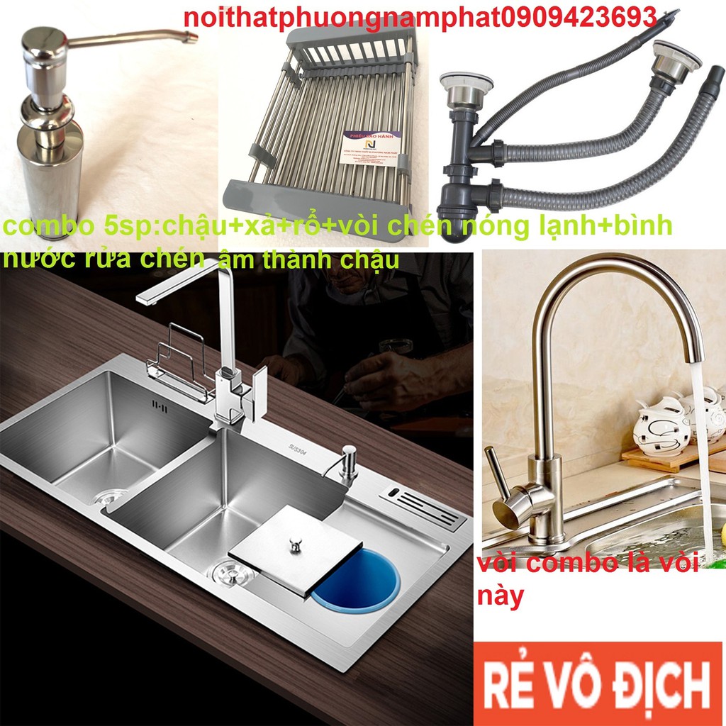 [Chậu Đúc] Combo Chậu Rửa Chén Bát INOX SUS 304 N3 10048 NA.GRAND và Xả và Rổ và Vòi chén nóng lạnh và Bình rửa chén