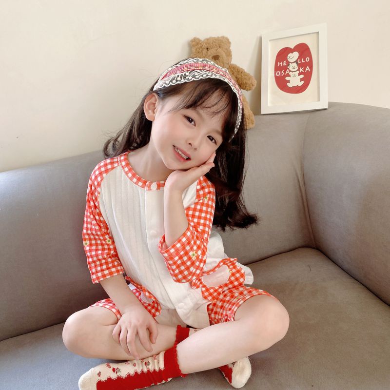 Bộ Đồ Ngủ Vải Cotton Họa Tiết Sọc Ca Rô Thời Trang Xinh Xắn Cho Bé Gái