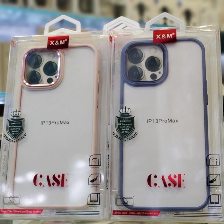 Ốp lưng trong kính X&amp;M viền màu cho iPhone 13, 13 Pro, 13 Pro Max, 12 Pro Mã vành camera nhôm siêu đẹp màu kẹo ngọt