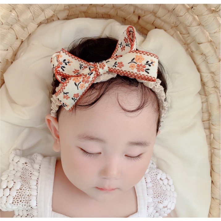 Turban nơ ren thêu hoa vintage cho bé-TB13