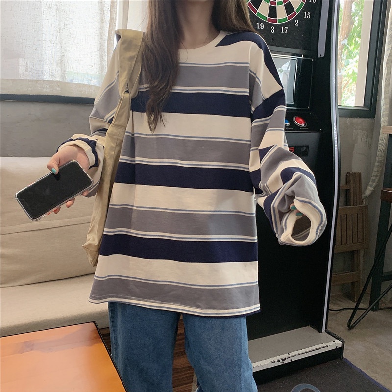 Áo thun tay dài cổ tròn kẻ sọc thời trang cho nữ
