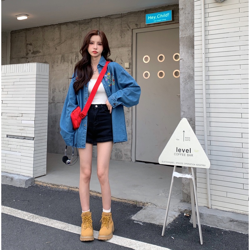 ZHELIHANGFEI Áo Khoác Denim Tay Dài Form Rộng Họa Tiết Thêu Theo Phong Cách Retro Dễ Phối Đồ