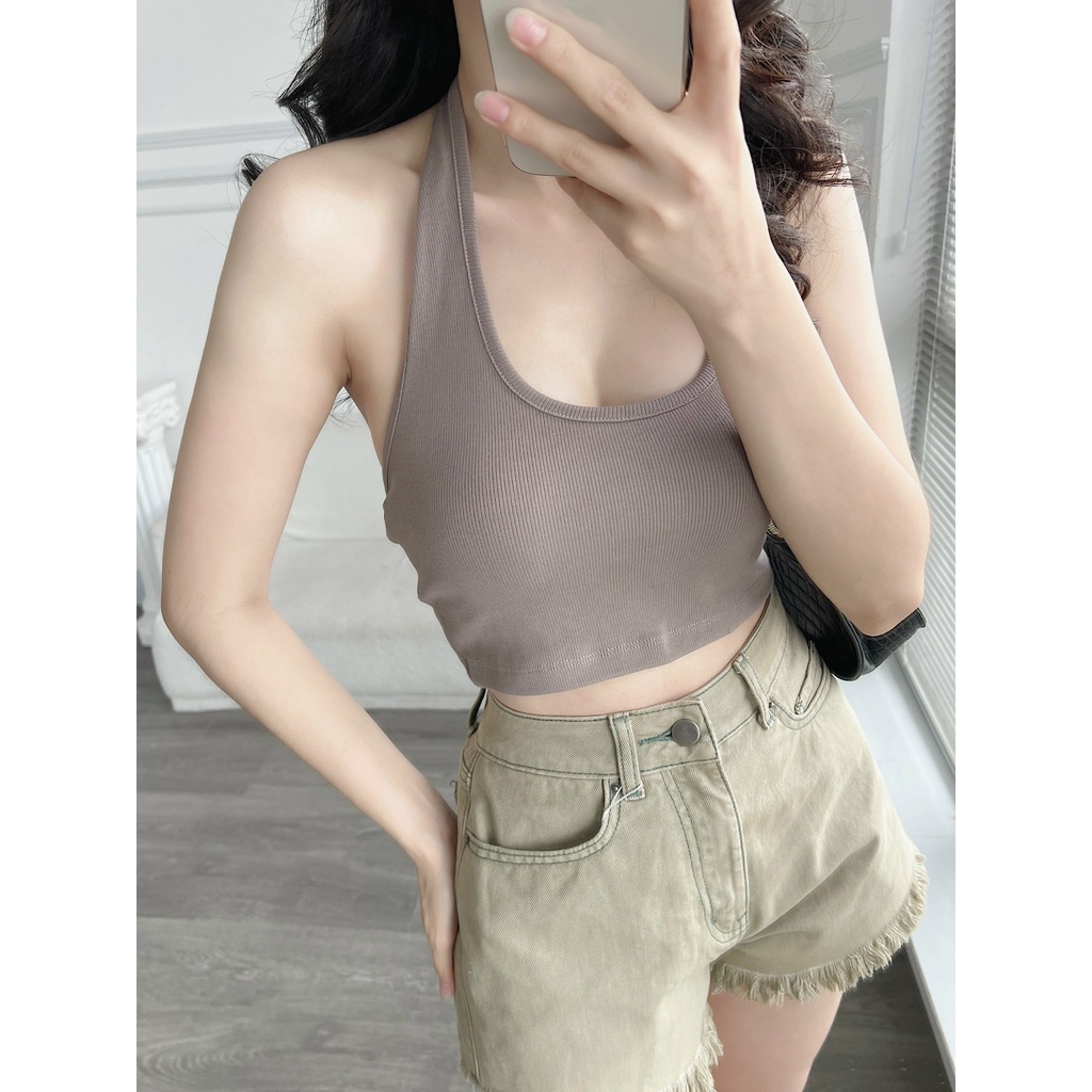 Áo croptop cổ yếm HEYBEE chất thun tăm gân siêu co giãn mềm mịn - COTTON HALTER NECK TOP HAT02