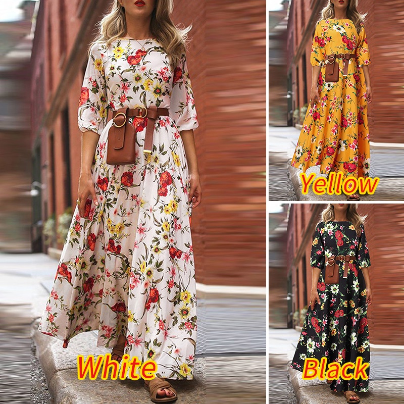 Zanzea Đầm Maxi Tay Lửng Họa Tiết Hoa Vintage Thời Trang Cho Nữ