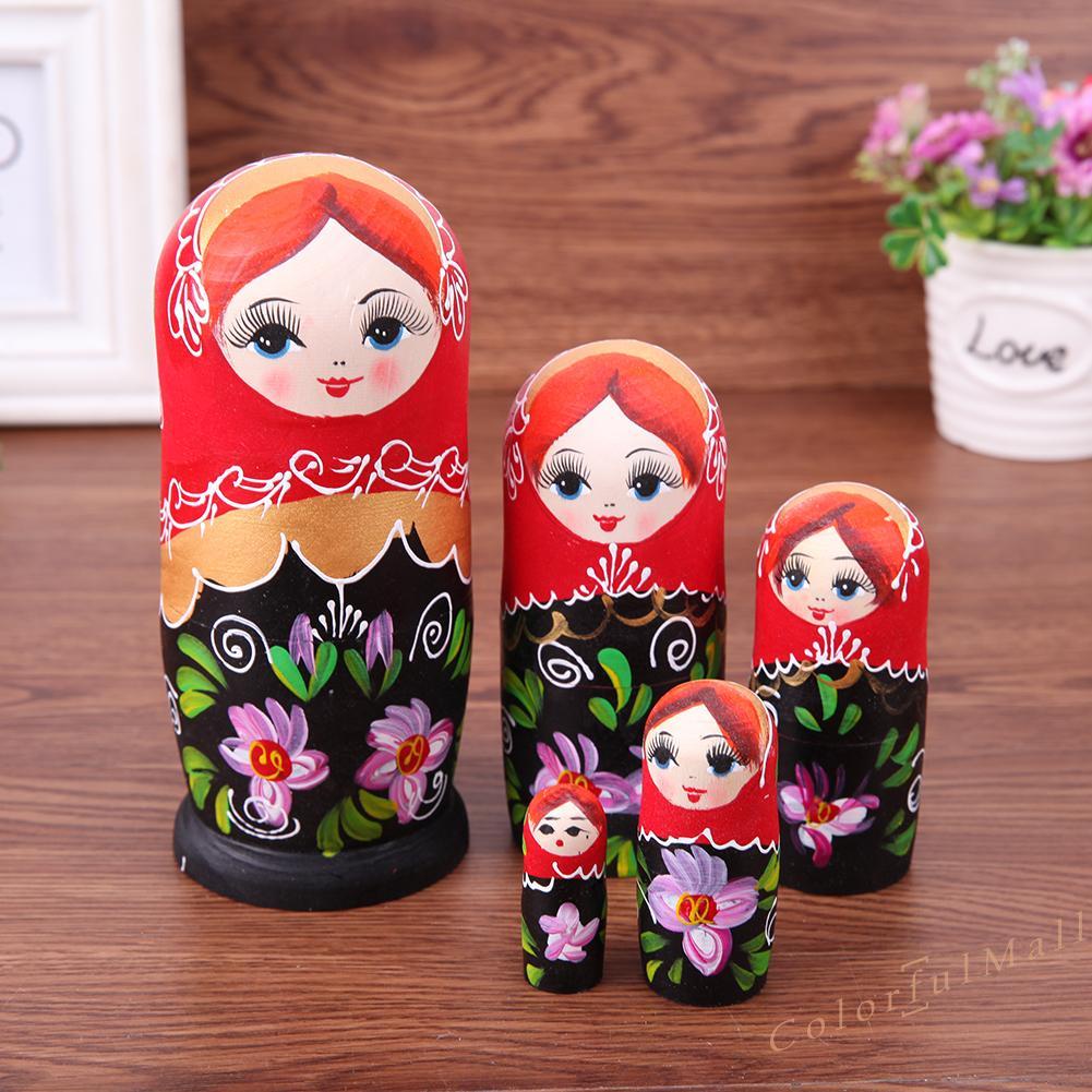 （ColorfulMall）   5pcs Funny Black Red Girl Russian Matryoshka Set Wooden Nesting Dolls Crafts Gift