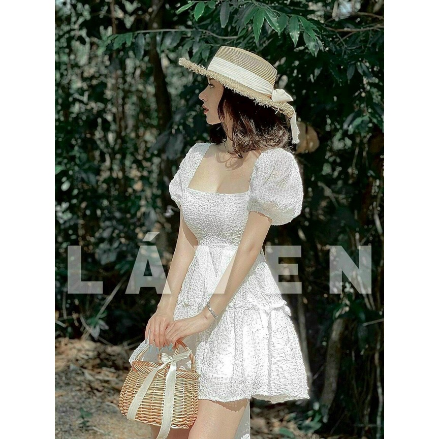 Đầm nữ tay phồng tùng xòe nhún tầng,đan dây lưng  thời trang nữ cho nàng đi chơi,dạo phố...