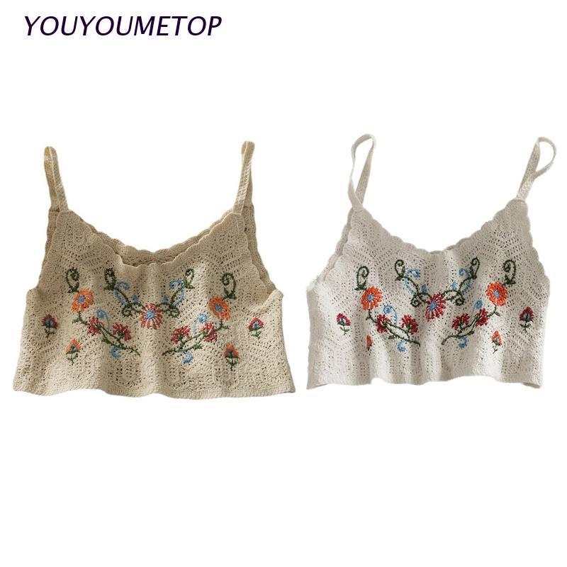 Áo Croptop Dệt Kim Hai Dây Mảnh Cổ Chữ V Thêu Hoa Phong Cách Boho Thời Trang Đi Biển Mùa Hè Cho Nữ