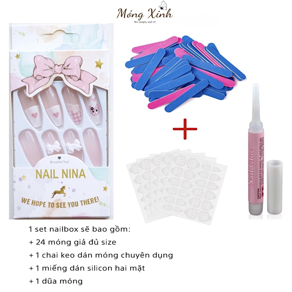 Set 24 móng chân giả dài đính đá (Tặng kèm chai keo + miếng dán + dũa móng)