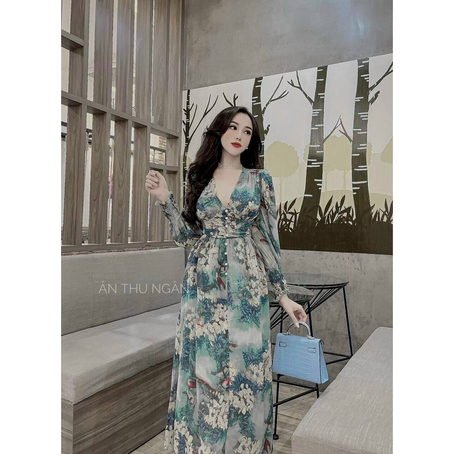 Đầm Lụa Dáng Dài Hoa Tay Phồng Dài Cổ Tim Khoét Sâu Đính Nút Tiểu Thư TTSA1323