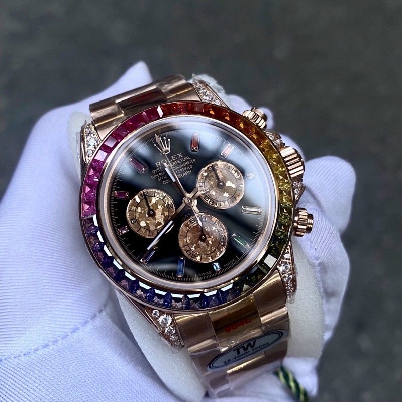 Đồng Hồ Nam Rolex Daytona Rainbow Đá Cz 7 Màu Cực Nét 40mm Đồng Hồ Nam Hàng Cao Cấp