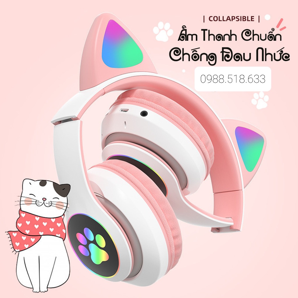 Tai Nghe Mèo Bluetooth Chụp Tai, Headphone Tai Mèo Dễ Thương Có Mic, Âm Bass Mạnh Mẽ, Nghe Nhạc Cực Hay Chơi Game Cực Đã