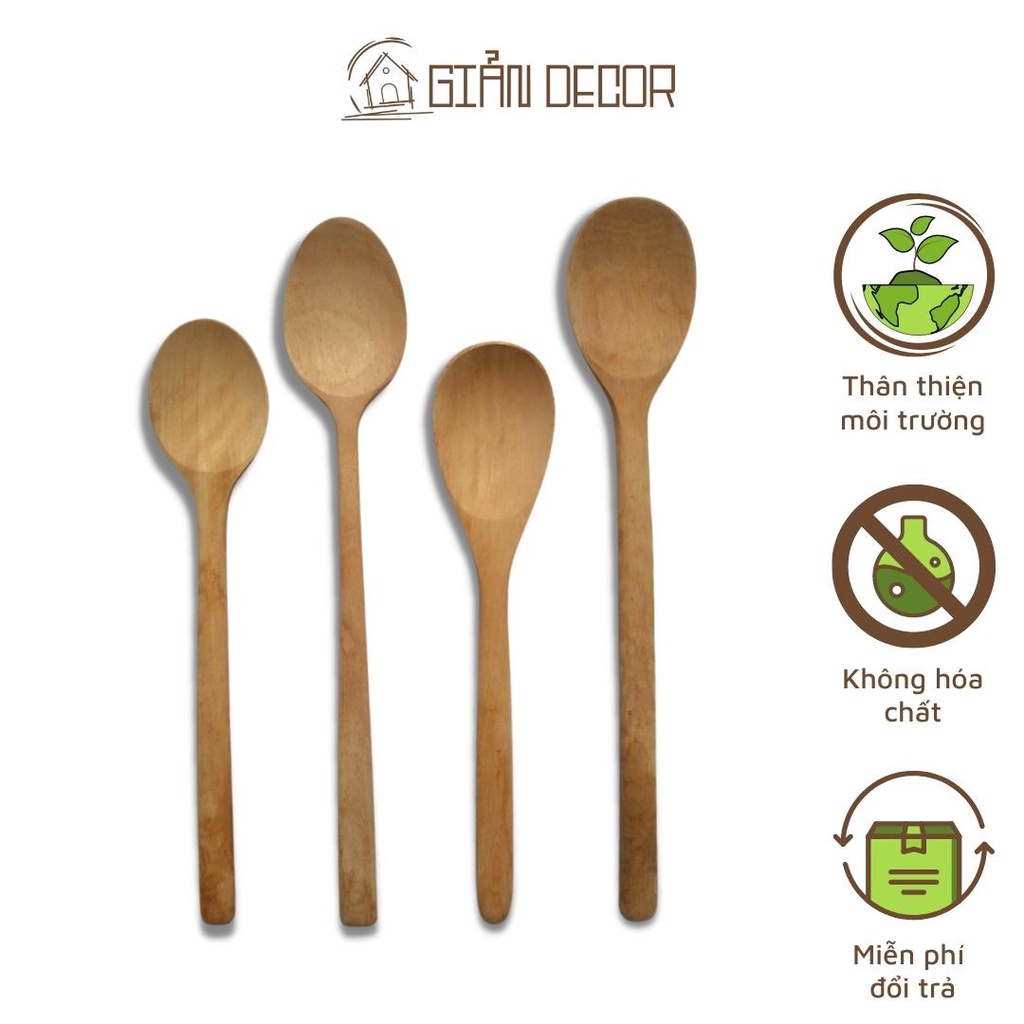 Thìa gỗ, muỗng gỗ cán dài làm bằng gỗ mộc tự nhiên, không phun hóa chất, an toàn với sức khỏe, thân thiện với môi trường