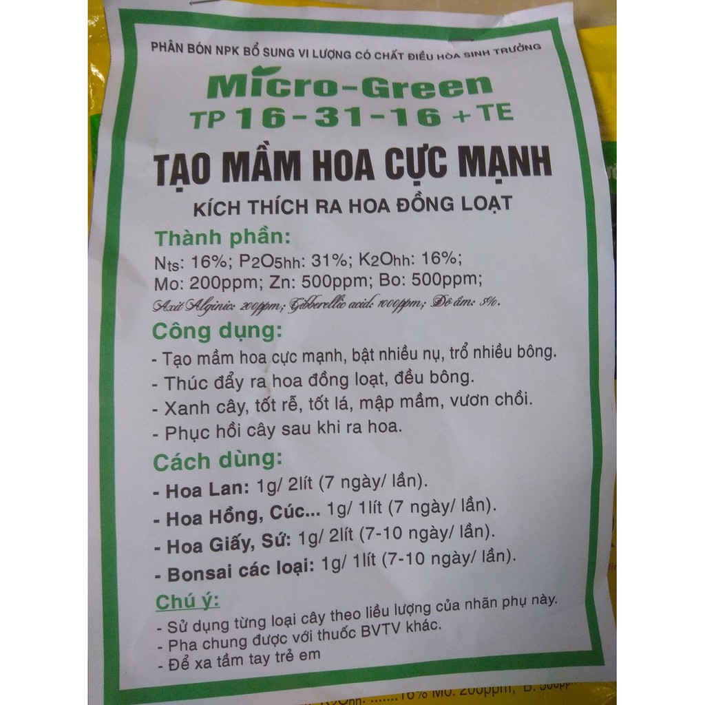 Phân bón  NPK  Micro -Green tạo mầm hoa cực mạnh  16-31-16 - gói 1Kg