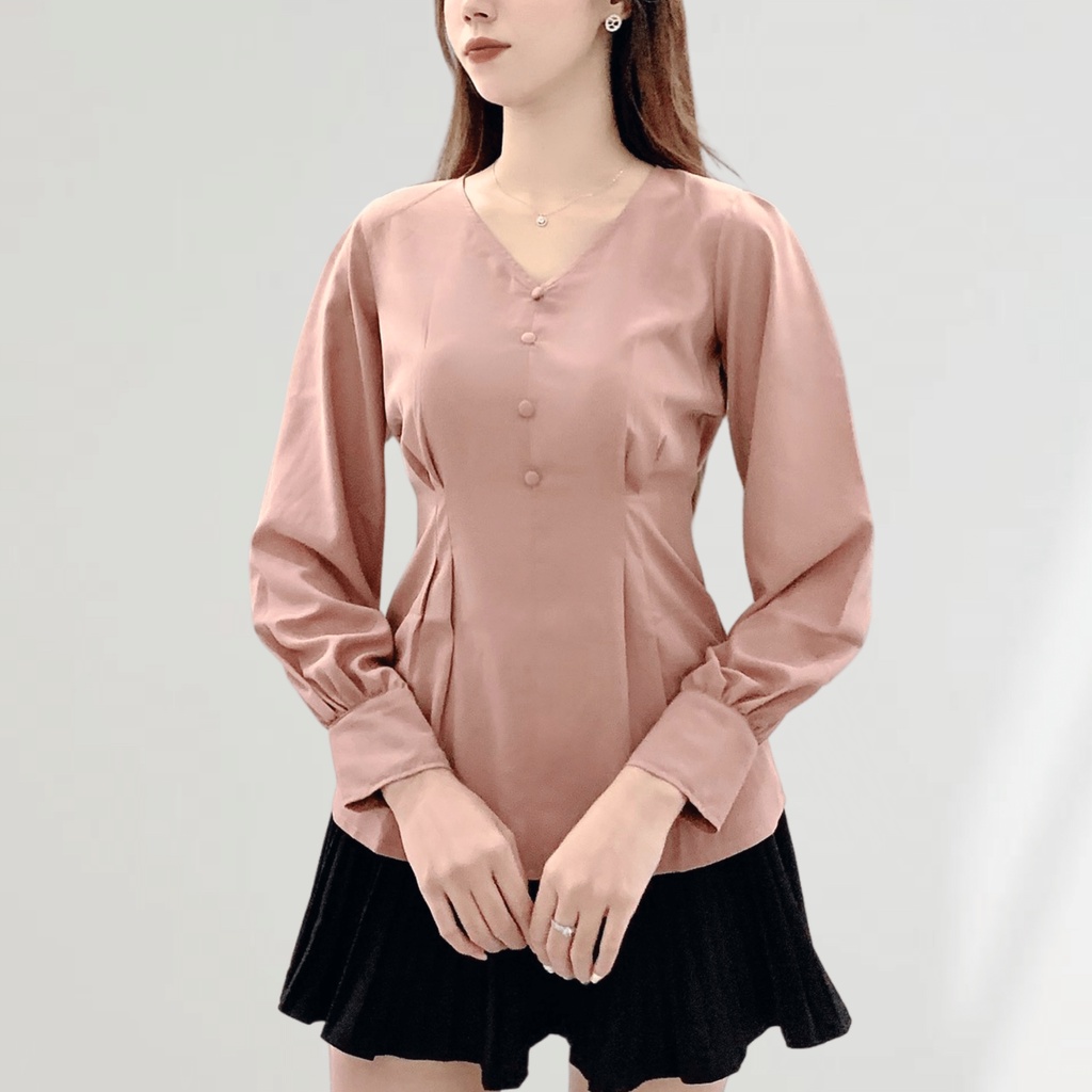 Áo thun nữ dài tay, áo kiểu xếp ly eo hồng đất EKS122 EVA KROSS