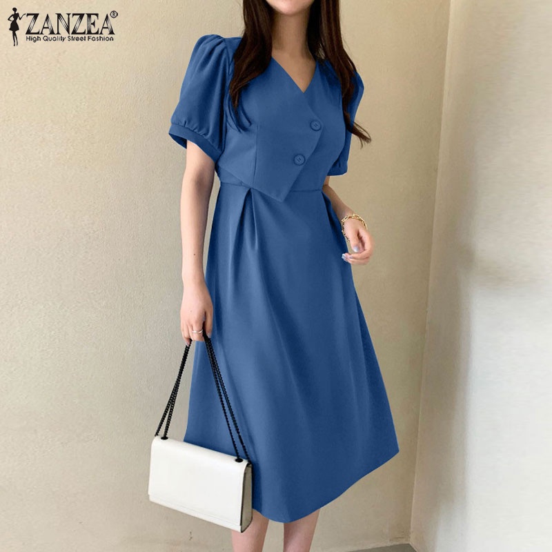 Đầm midi ZANZEA tay ngắn phồng cổ chữ V cài nút thời trang cho nữ
