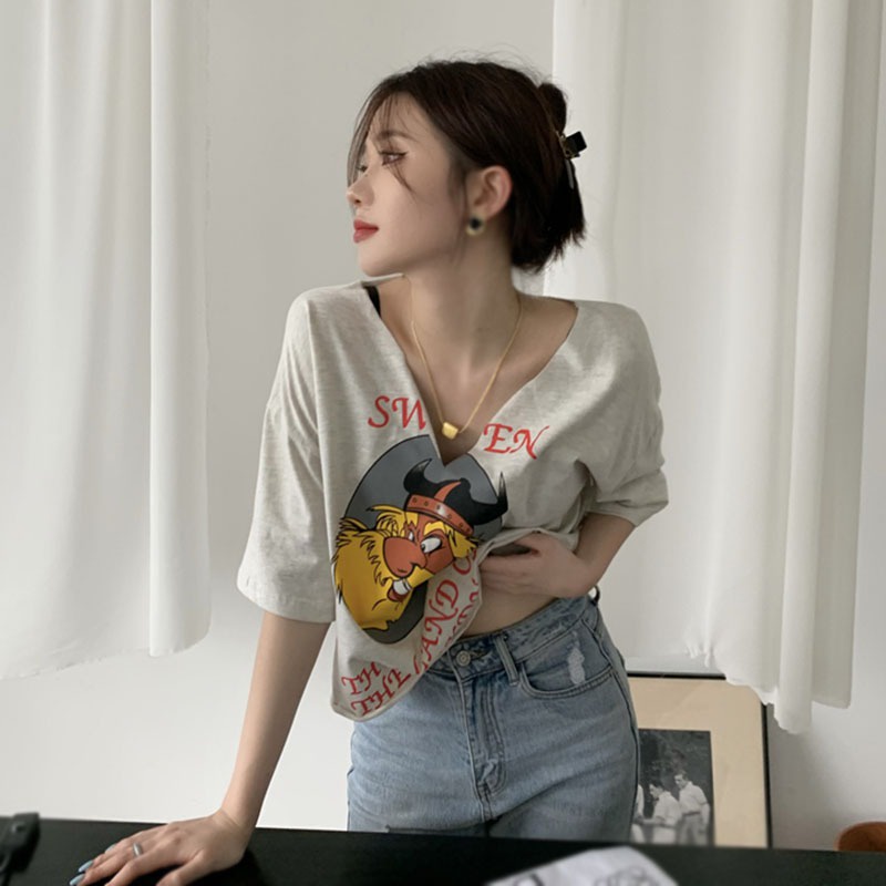 Áo Thun Croptop Tay Ngắn Dáng Rộng Cổ Chữ V In Họa Tiết Hoạt Hình Phong Cách Retro Hàn Quốc Cho