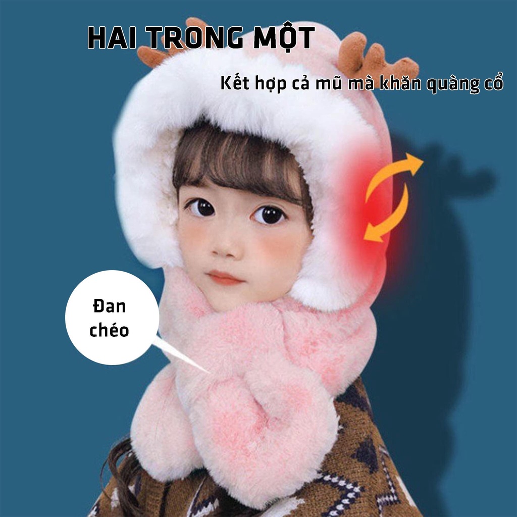 Mũ lông trùm đầu liền khăn cổ giữ ấm cho bé sừng nai kute Chubby Store